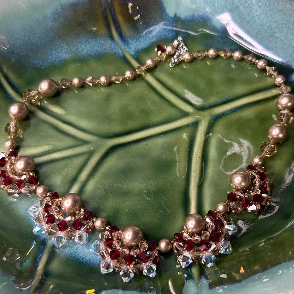 Handcrafted Gold & Garnett Color Beaded Crystal Necklace 16”
